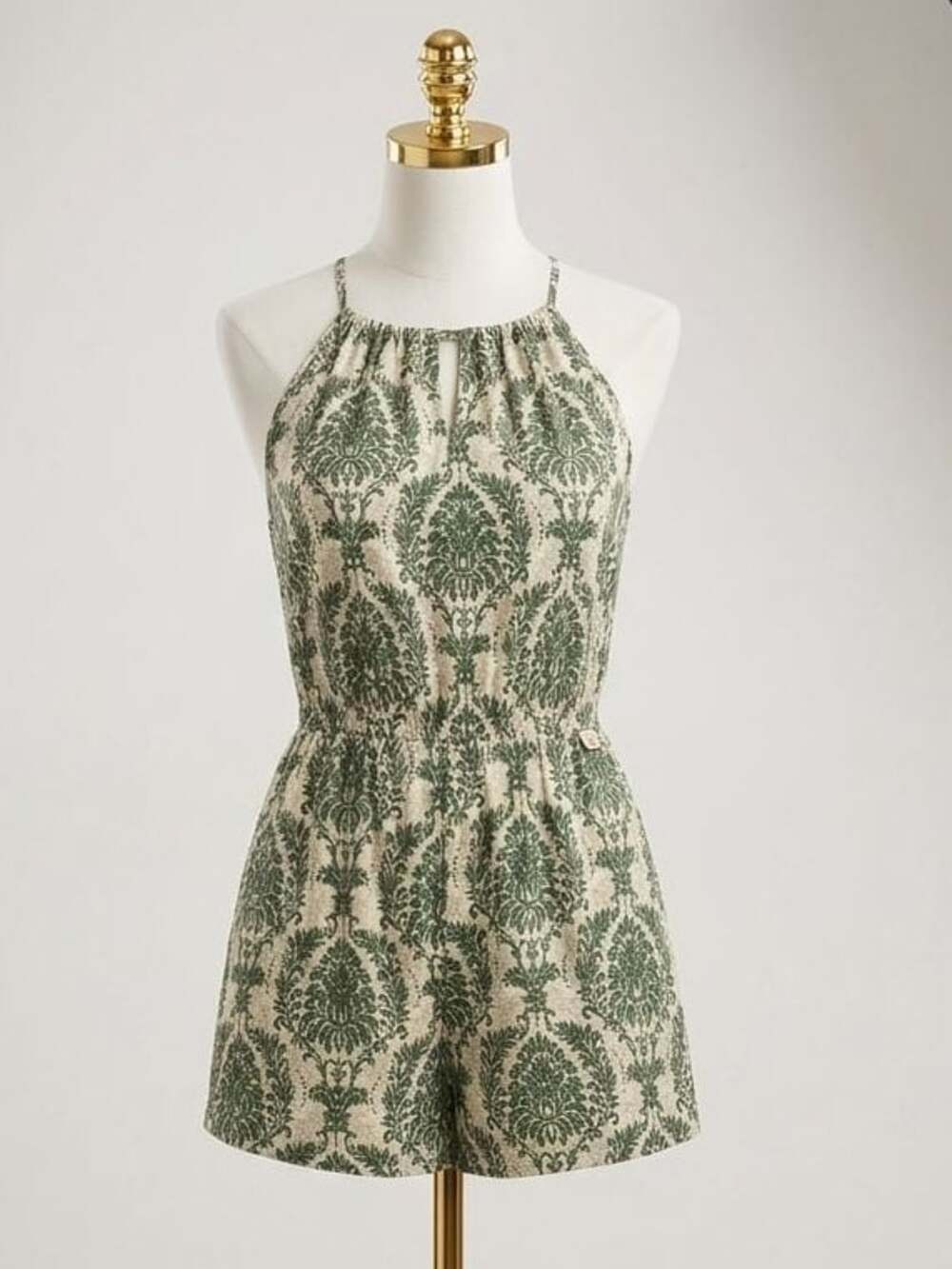 Plus Size 1xl SHEIN Green and Beige Damask Print Halter Romper